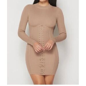 Tan Lace-Up Bodycon Dress